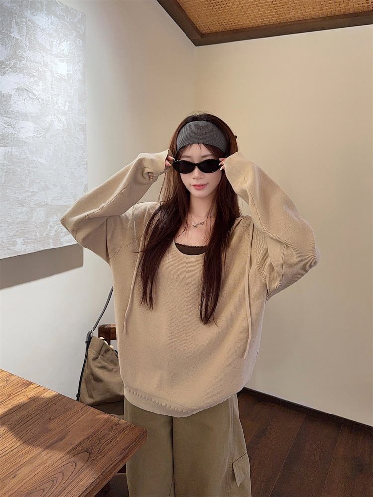 V-Neck Plain Drawstring Sweater / Lace Trim Cami Top / High Rise Baggy Cargo Pants
