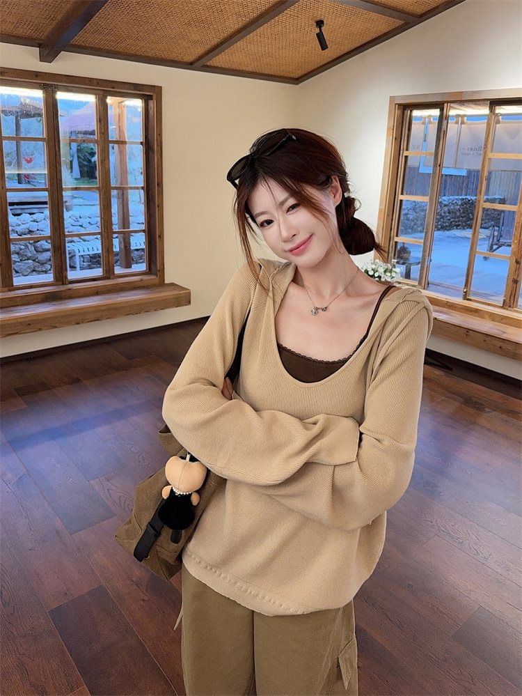 V-Neck Plain Drawstring Sweater / Lace Trim Cami Top / High Rise Baggy Cargo Pants