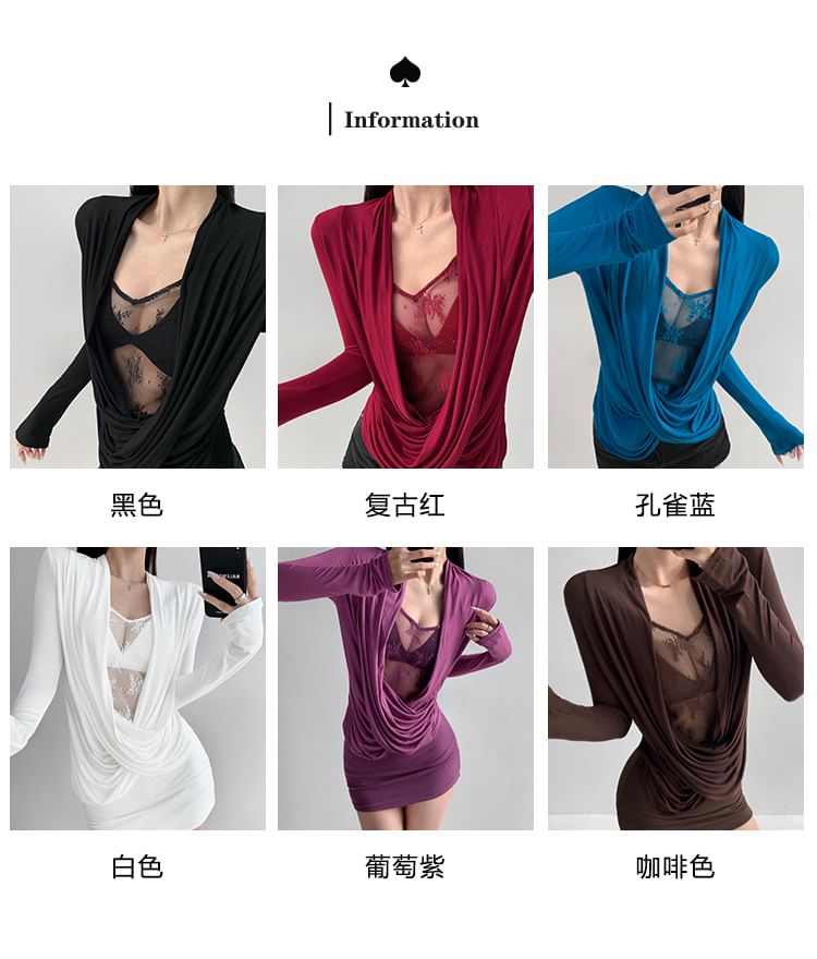Long Sleeve V-Neck Solid Draped Panel Lace Top
