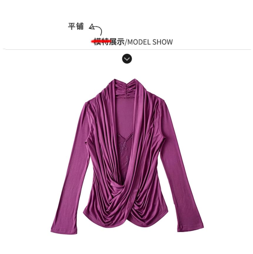 Long Sleeve V-Neck Solid Draped Panel Lace Top