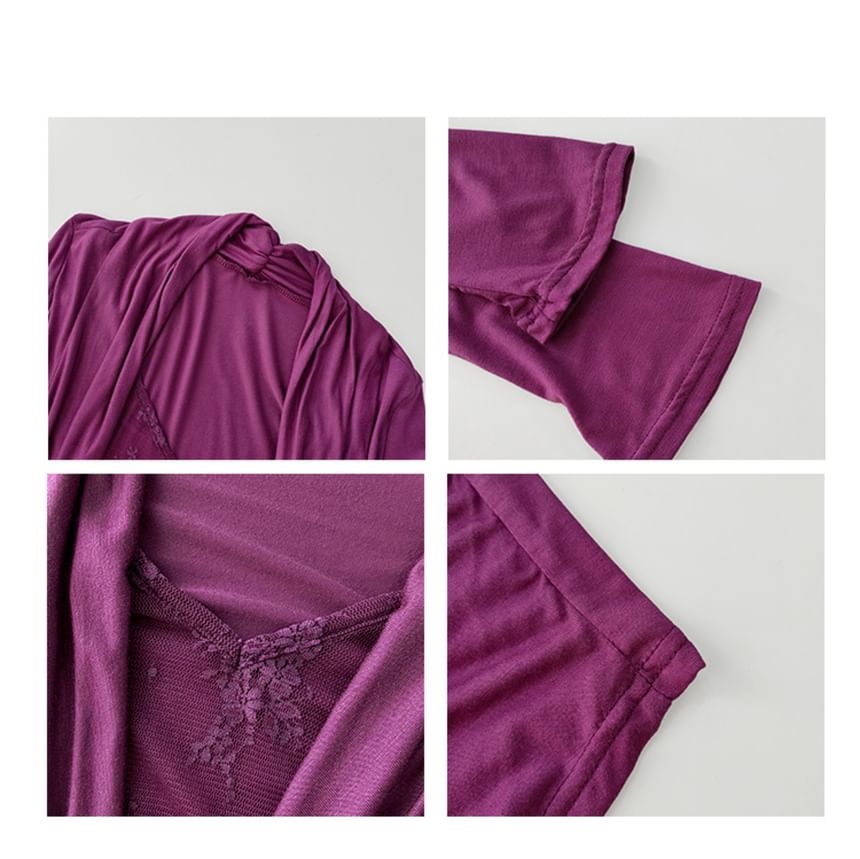 Long Sleeve V-Neck Solid Draped Panel Lace Top