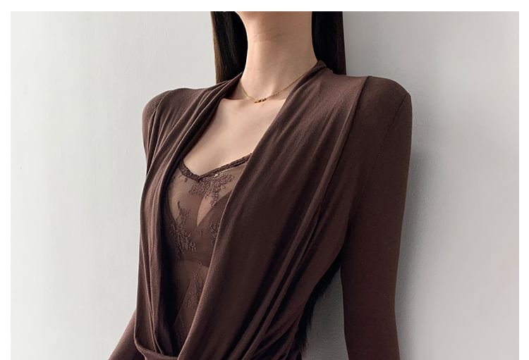 Long Sleeve V-Neck Solid Draped Panel Lace Top