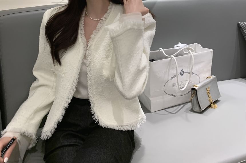 V-Neck Plain Fringe Tweed Jacket