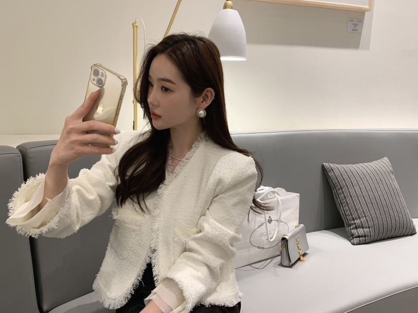 V-Neck Plain Fringe Tweed Jacket