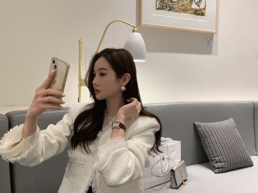 V-Neck Plain Fringe Tweed Jacket