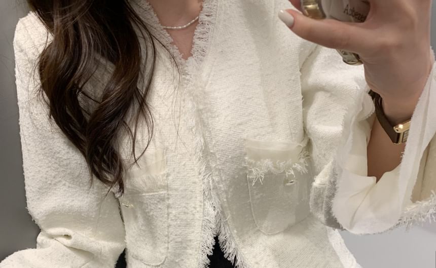 V-Neck Plain Fringe Tweed Jacket