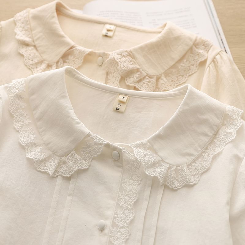 Collared Long-Sleeve Plain Lace-Trim Pintuck Blouse