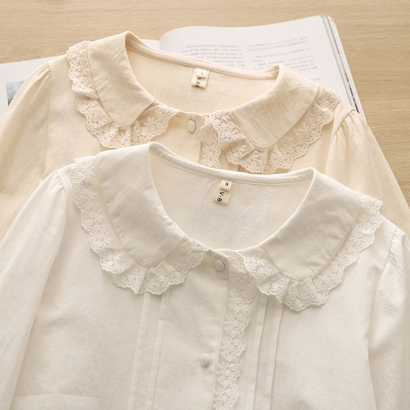 Collared Long-Sleeve Plain Lace-Trim Pintuck Blouse