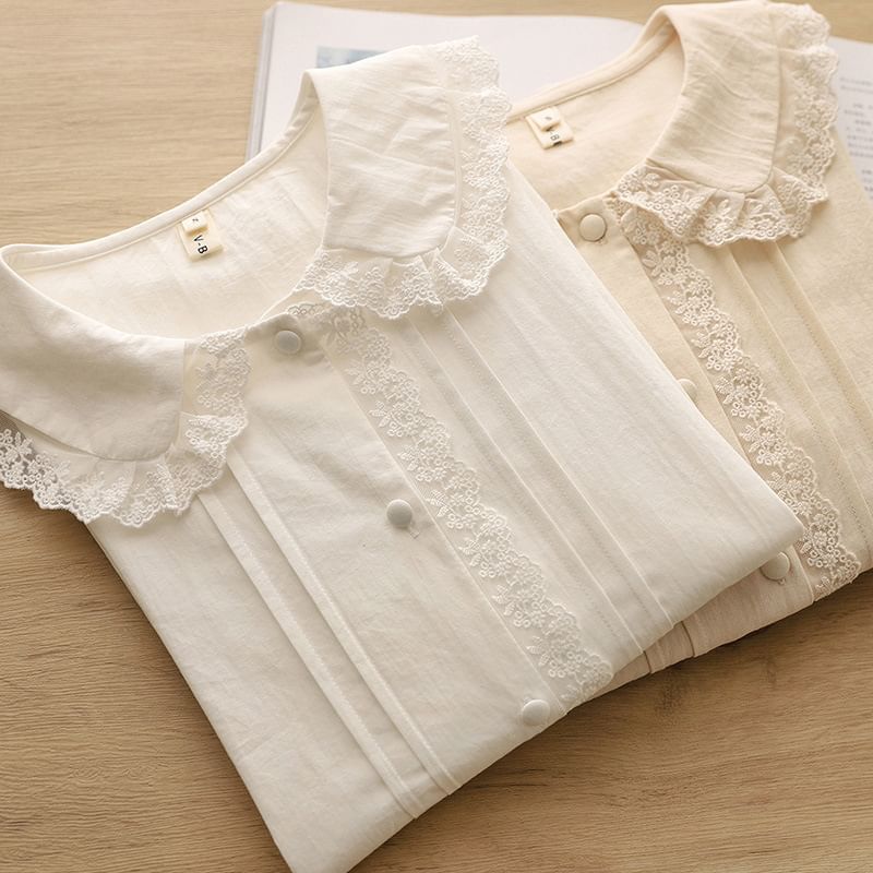 Collared Long-Sleeve Plain Lace-Trim Pintuck Blouse