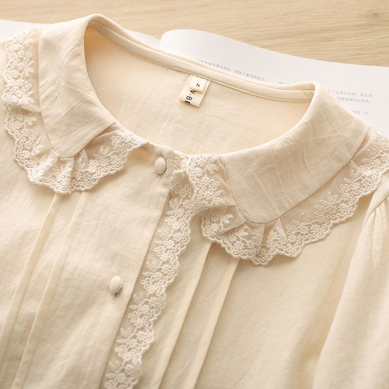 Collared Long-Sleeve Plain Lace-Trim Pintuck Blouse