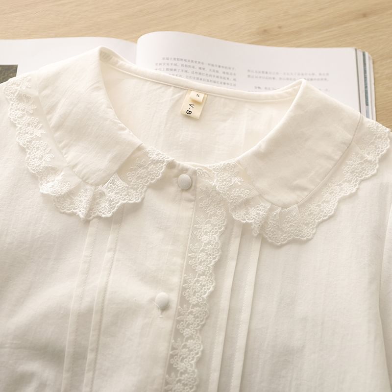 Collared Long-Sleeve Plain Lace-Trim Pintuck Blouse