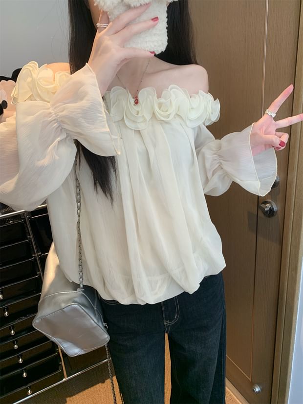 Off-Shoulder Solid Blouse with Flower Accent Long Sleeve