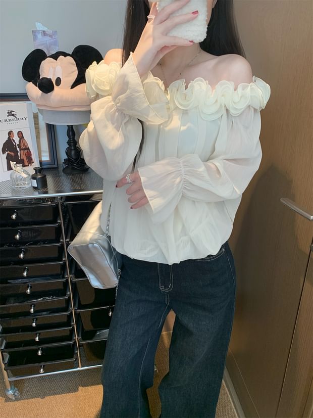 Off-Shoulder Solid Blouse with Flower Accent Long Sleeve