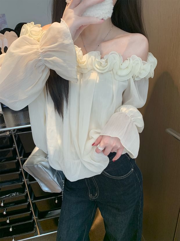 Off-Shoulder Solid Blouse with Flower Accent Long Sleeve