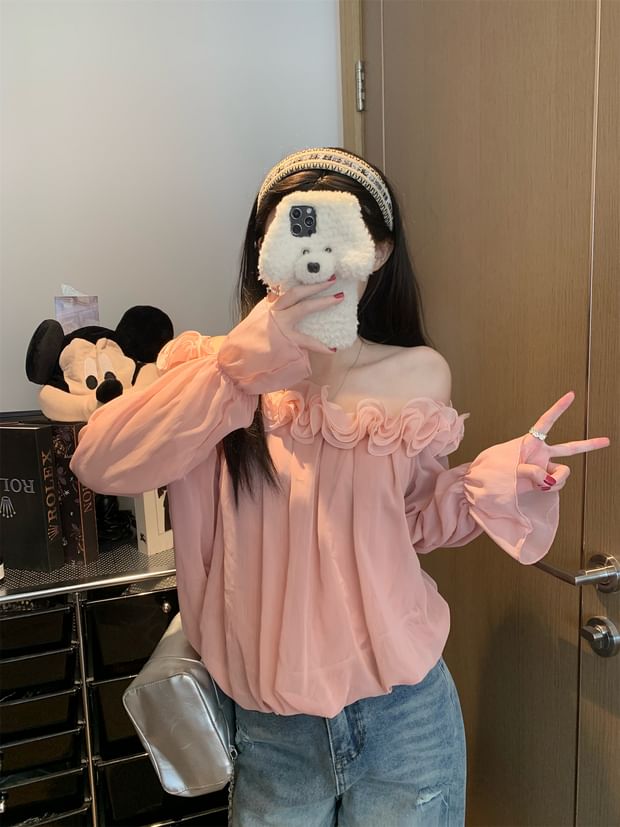 Off-Shoulder Solid Blouse with Flower Accent Long Sleeve