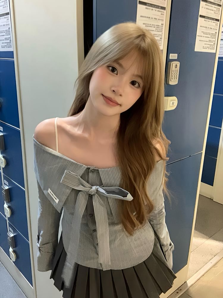 Striped Off-Shoulder Bow Slim Fit Long-Sleeve Blouse