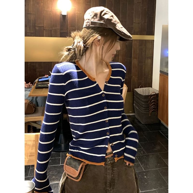 Notch Neck Striped Button Knit Top with Long Sleeves