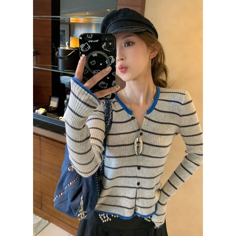 Notch Neck Striped Button Knit Top with Long Sleeves