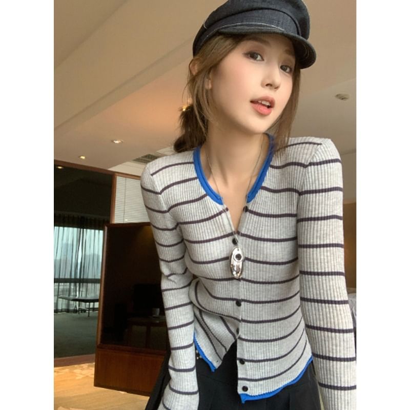 Notch Neck Striped Button Knit Top with Long Sleeves
