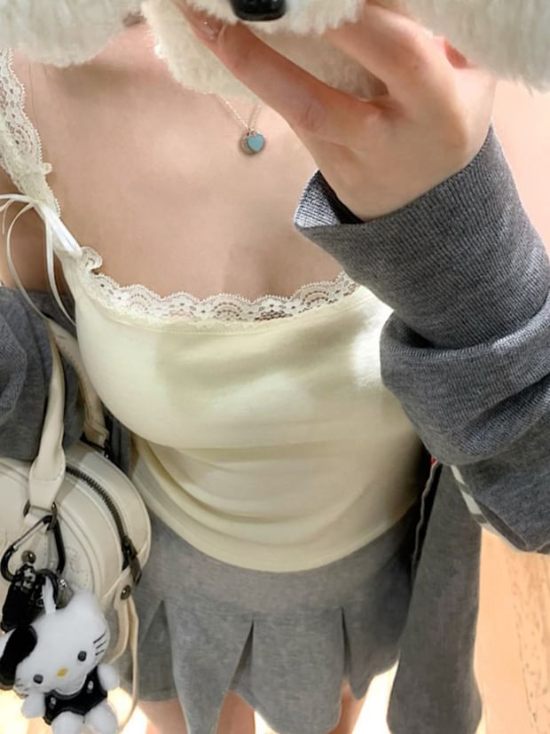 Bow Lace Trim Slim Fit Solid Camisole Top