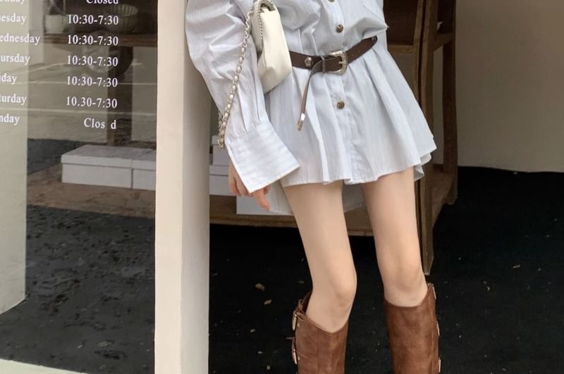 Oversized Striped Shirt with Belt and Long Sleeves Set