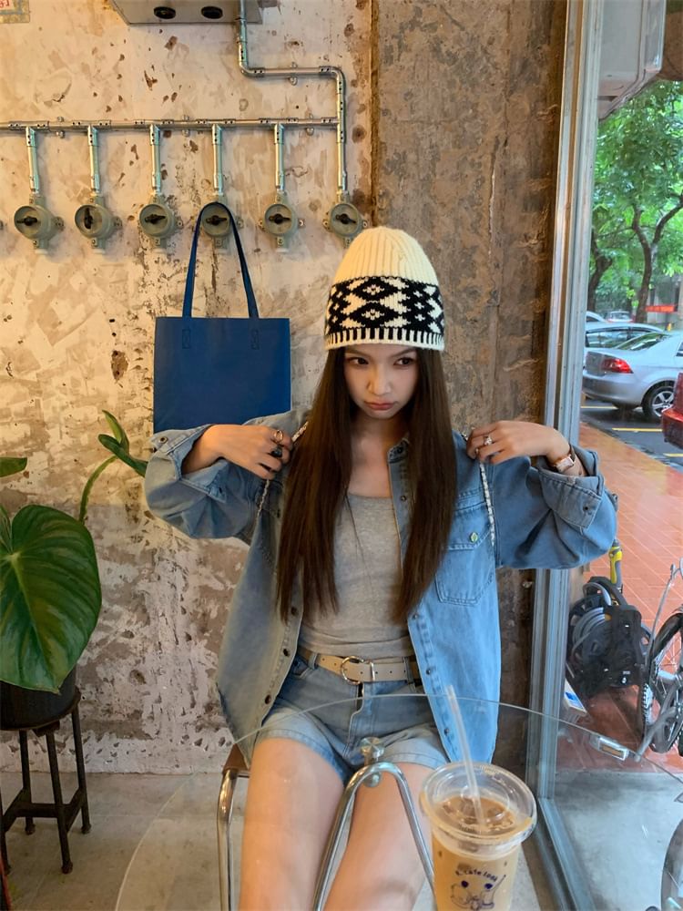 Long-Sleeve Collared Washed Denim Button Shirt / High Waist Washed Denim Shorts with Belt