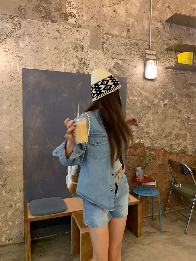 Long-Sleeve Collared Washed Denim Button Shirt / High Waist Washed Denim Shorts with Belt