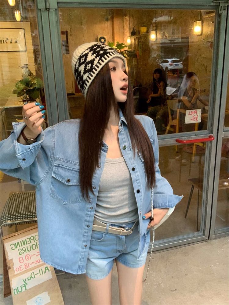 Long-Sleeve Collared Washed Denim Button Shirt / High Waist Washed Denim Shorts with Belt
