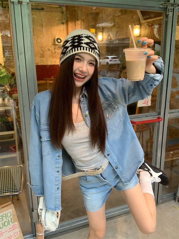 Long-Sleeve Collared Washed Denim Button Shirt / High Waist Washed Denim Shorts with Belt