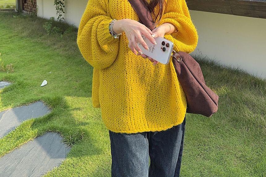 Oversized Sweater with V-Neck and Solid Pattern