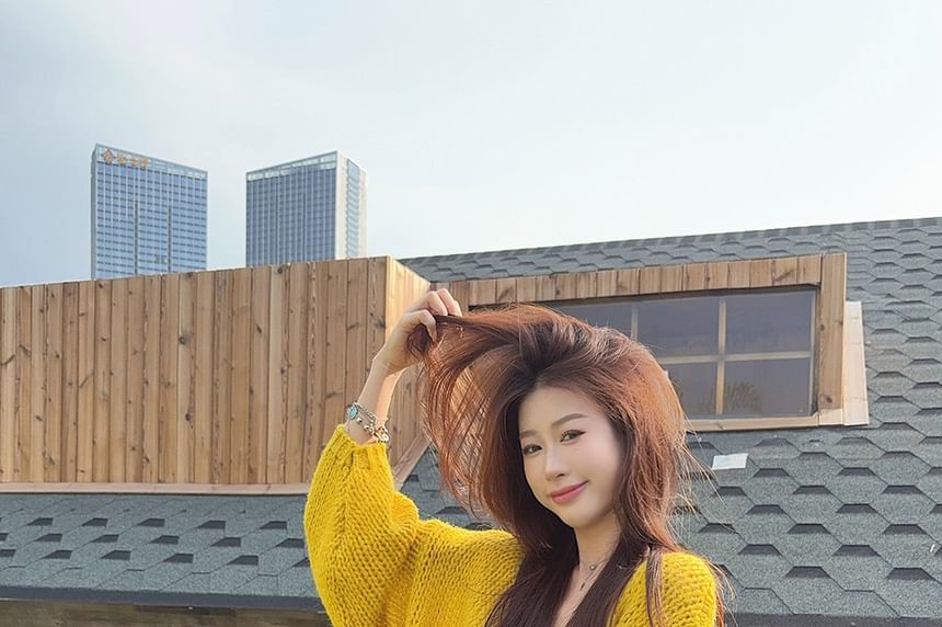 Oversized Sweater with V-Neck and Solid Pattern
