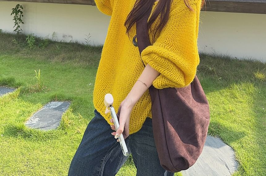 Oversized Sweater with V-Neck and Solid Pattern