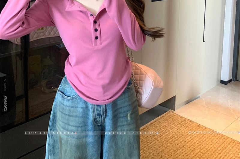 Round Neck Henley T-Shirt with Long Sleeves, Solid Pattern