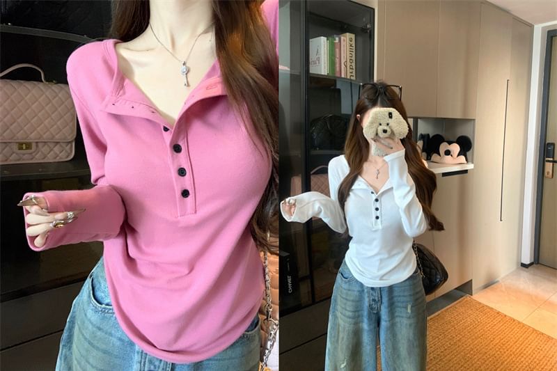 Round Neck Henley T-Shirt with Long Sleeves, Solid Pattern