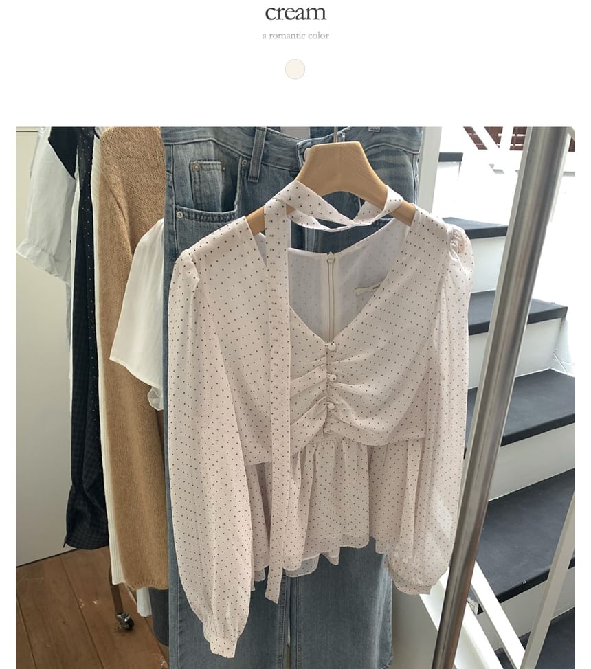Dotted Sheer V-Neck Blouse with Long Sleeves & Skinny Scarf Set