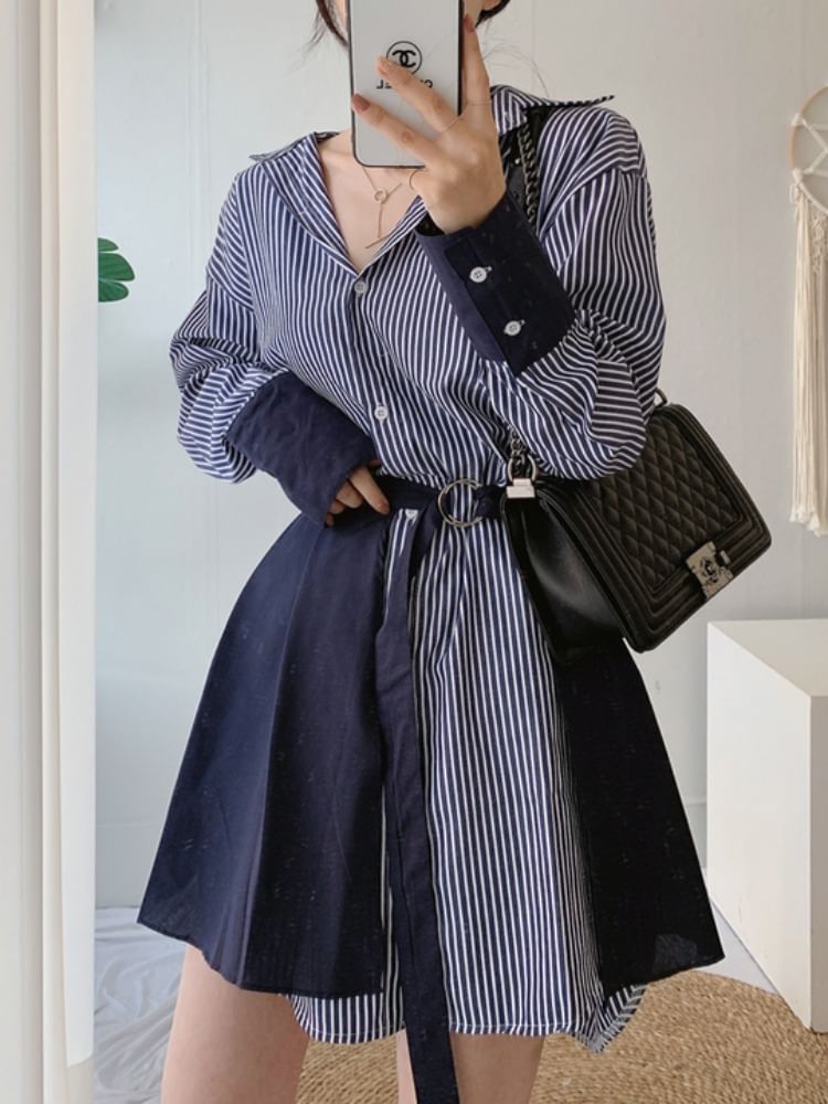 Striped Button-Up Tunic Shirt Dress & Pleated Hem Set Long Sleeve