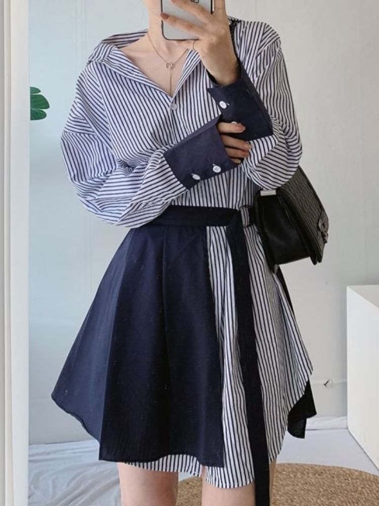 Striped Button-Up Tunic Shirt Dress & Pleated Hem Set Long Sleeve