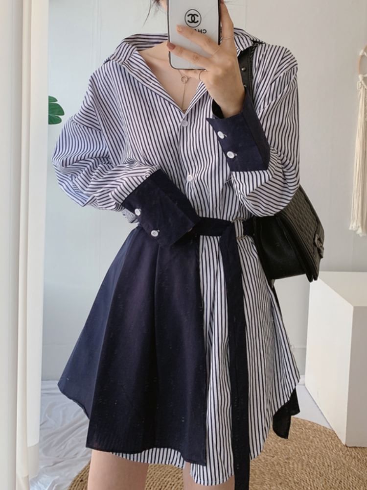 Striped Button-Up Tunic Shirt Dress & Pleated Hem Set Long Sleeve