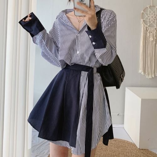 Striped Button-Up Tunic Shirt Dress & Pleated Hem Set Long Sleeve