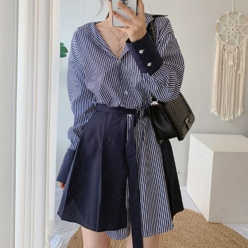 Striped Button-Up Tunic Shirt Dress & Pleated Hem Set Long Sleeve