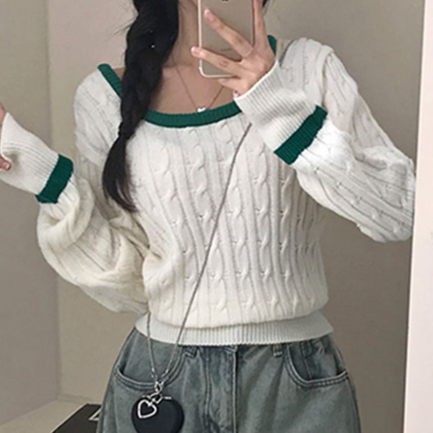 Cable Knit Scoop Neck Sweater with Contrast Trim