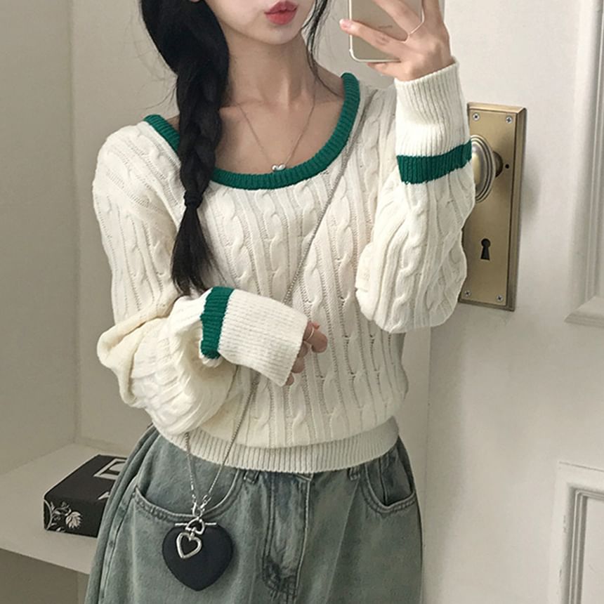 Cable Knit Scoop Neck Sweater with Contrast Trim