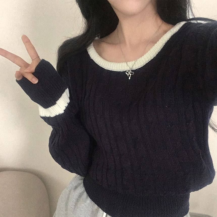 Cable Knit Scoop Neck Sweater with Contrast Trim