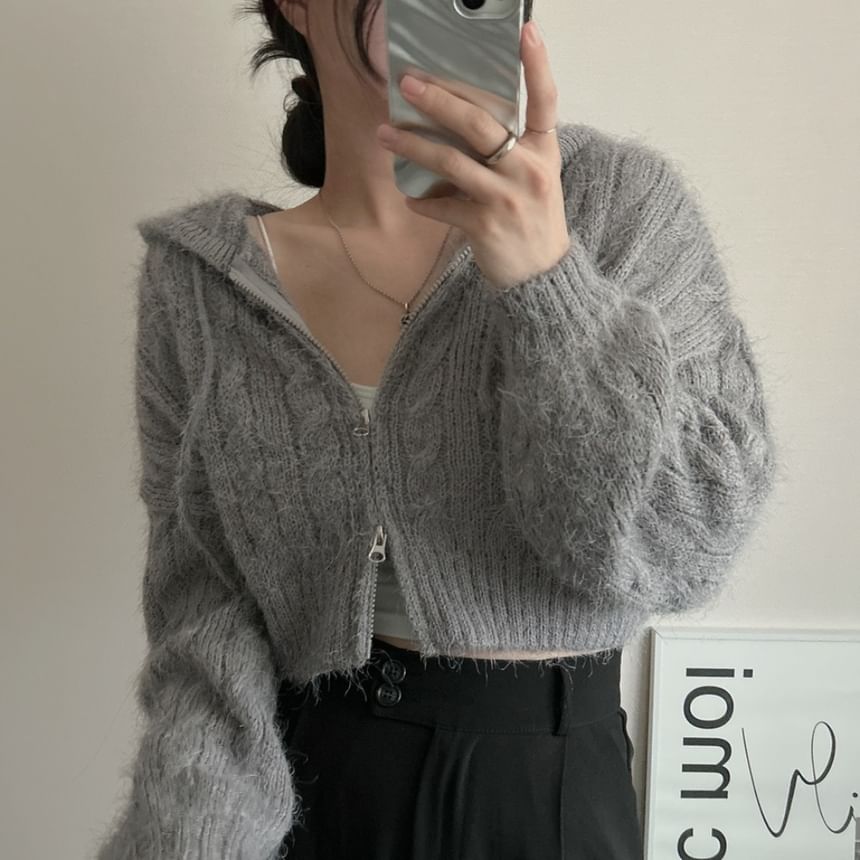 Cable Knit Zip-Front Cropped Hoodie in Solid Color