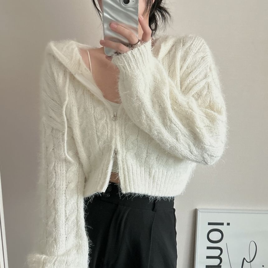 Cable Knit Zip-Front Cropped Hoodie in Solid Color
