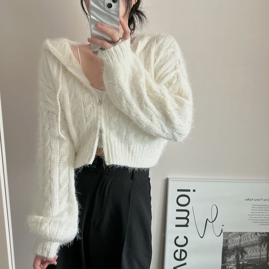 Cable Knit Zip-Front Cropped Hoodie in Solid Color