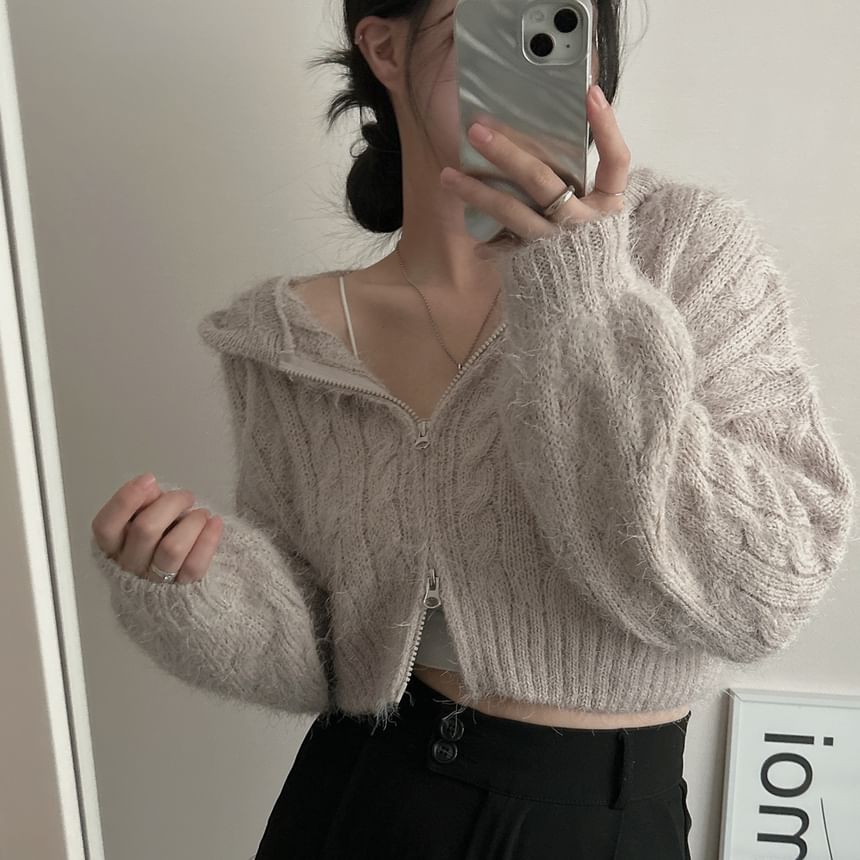 Cable Knit Zip-Front Cropped Hoodie in Solid Color
