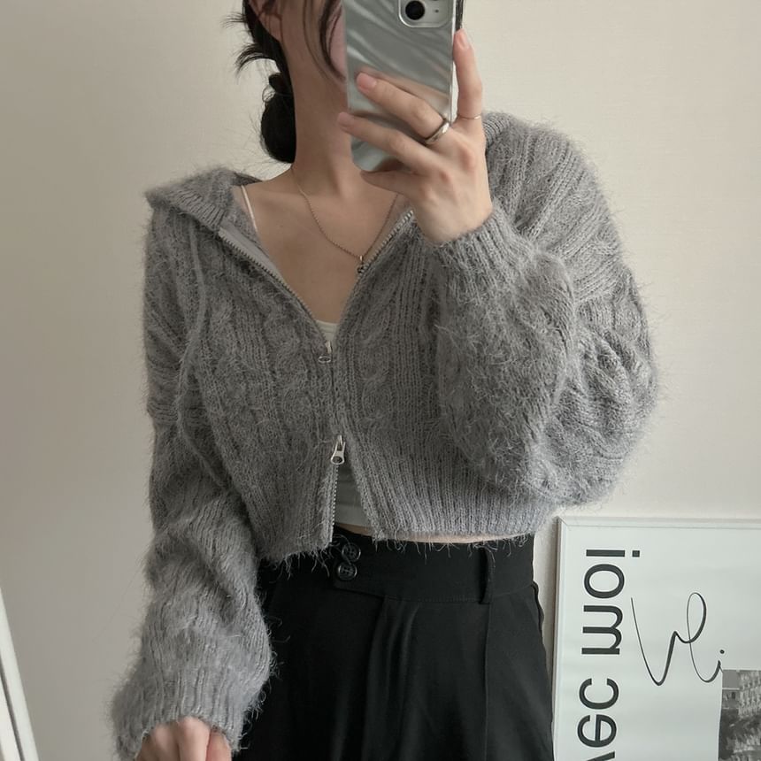 Cable Knit Zip-Front Cropped Hoodie in Solid Color