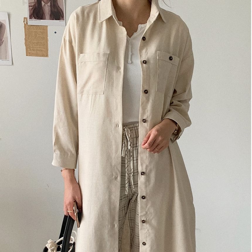 Button-Front Midi Tunic Shirt Dress & Belt Long Sleeve Set
