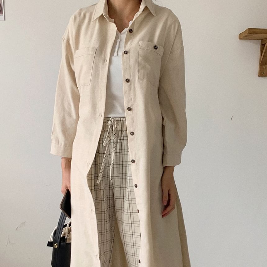 Button-Front Midi Tunic Shirt Dress & Belt Long Sleeve Set
